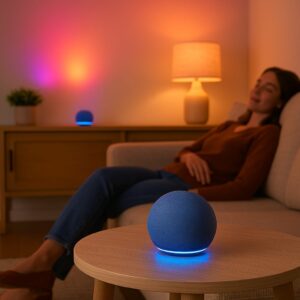 A cosy living room with smart lights glowing and the Echo Dot placed prominently.