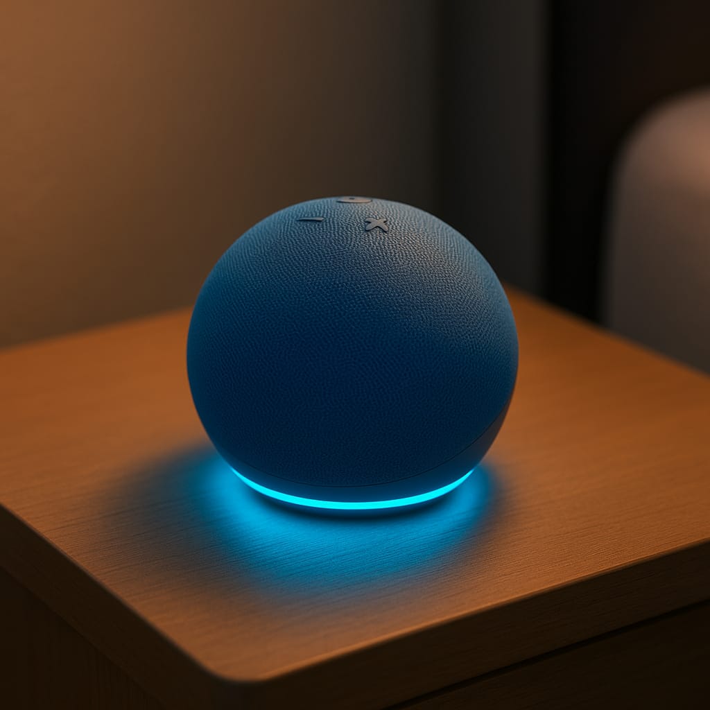 "Amazon Echo Dot 5th Gen in blue, illuminated on a sleek bedside table for smart home convenience."