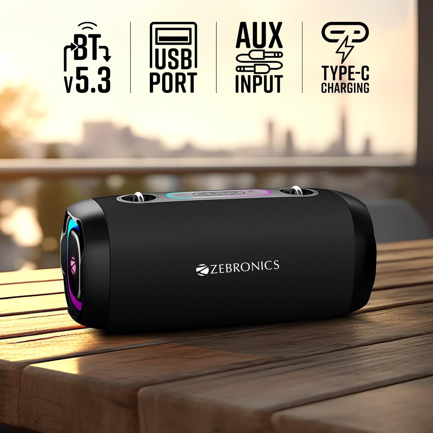 ZEBRONICS Sound Feast 85. ZEBRONICS Sound Feast 85 portable Bluetooth speaker with RGB lights and deep bass